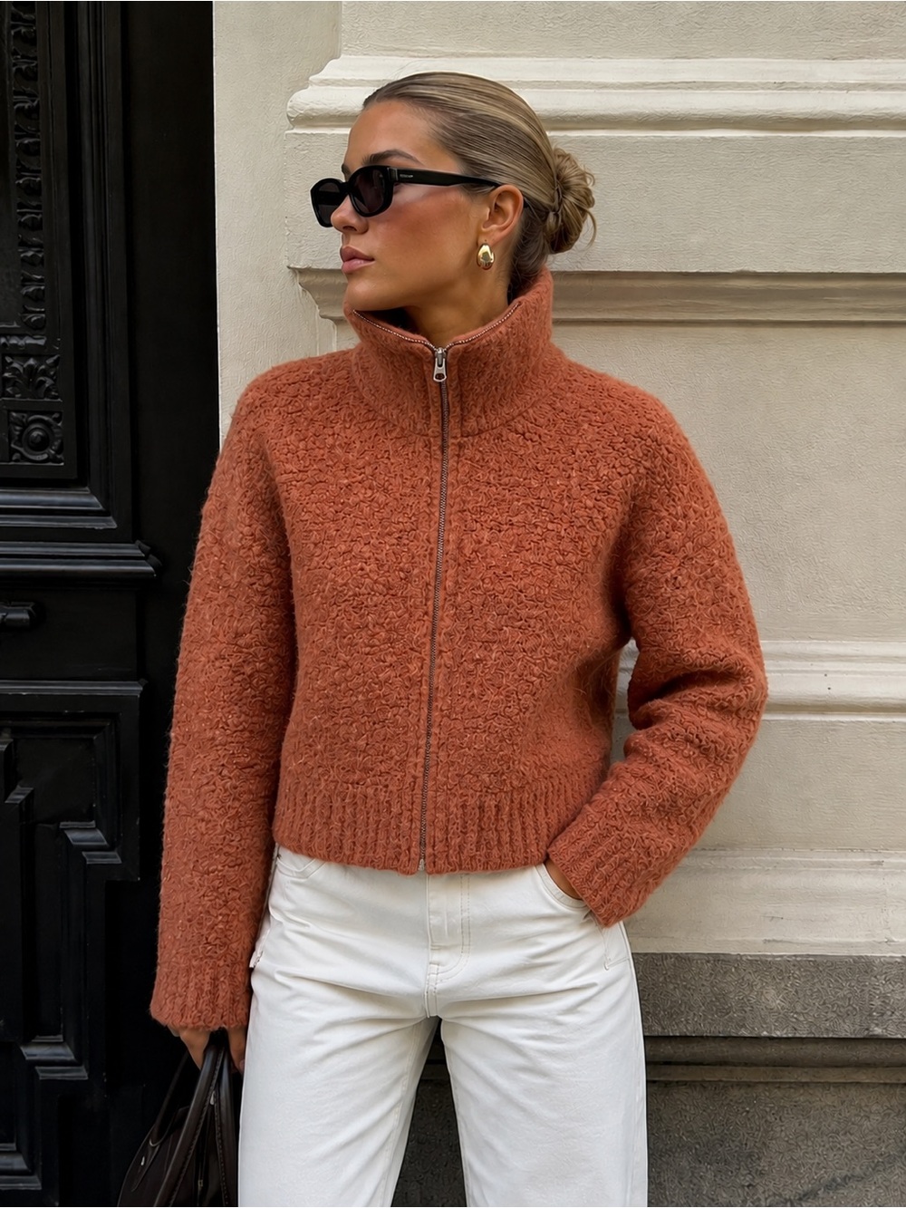 Wilfred Free Alpaca Wool Bouclé Zip Cropped Sweater Jacket Neutral Scandi L